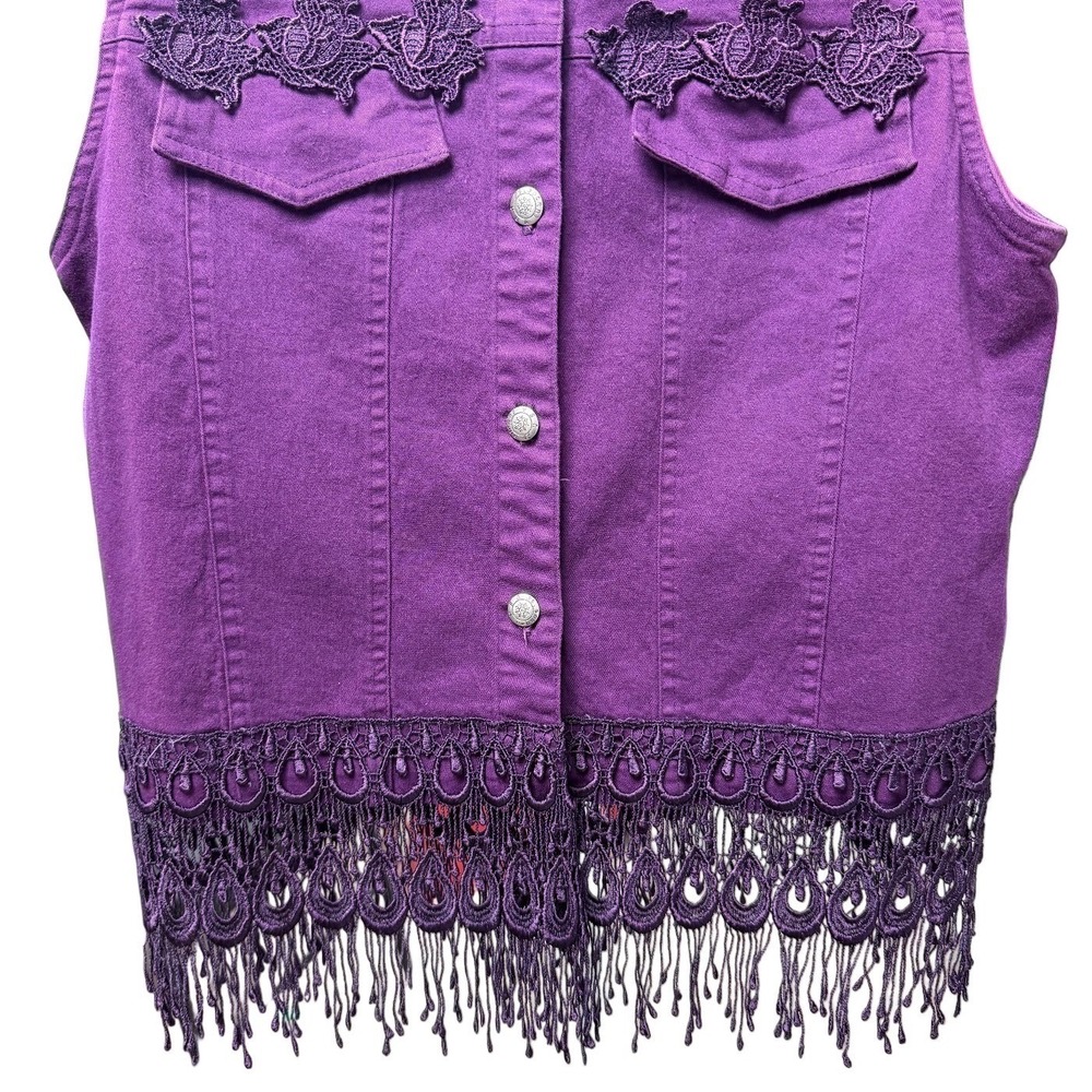 Vintage 90s Boho Medium Lace Cotton Denim Vest Purple Fringe Festival Fairy Goth - Picture 5 of 10
